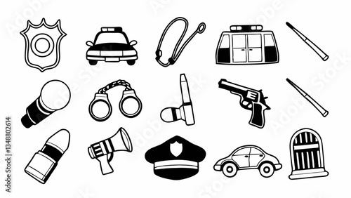 Create 20 police-themed icons with dark blue backgrounds, including police badge, patrol car, handcuffs, pistol, walkie-talkie, siren, police hat, baton, CCTV camera, evidence bag, and jail bars. Semi