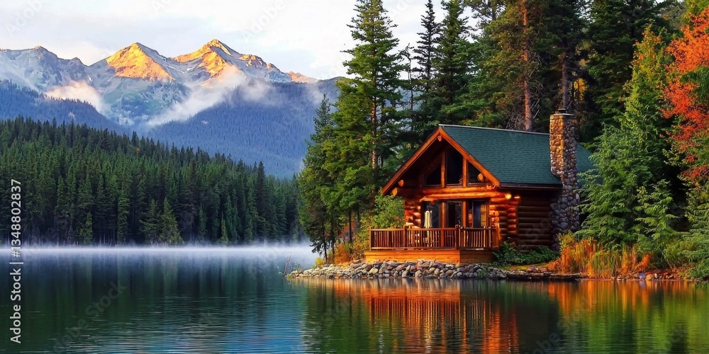 Fototapeta premium Scenic log cabin embraced by lush trees and majestic mountains.