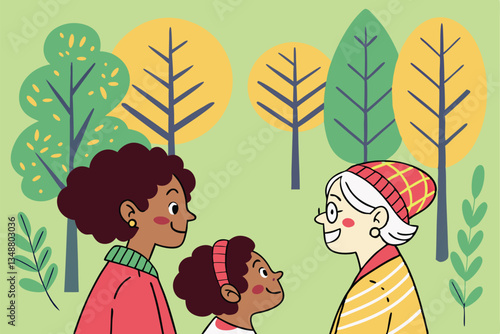 45 Diverse group portrait, colorful illustrated characters, intergenerational family, stylized trees and foliage, vibrant green background, naive art style, flat colors, simple shapes, community gathe