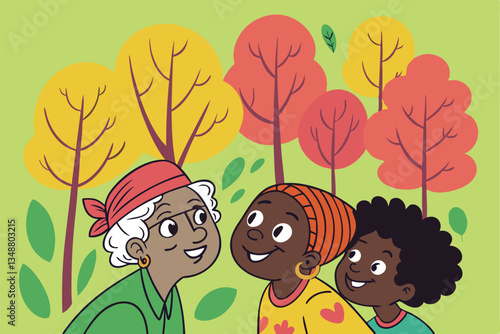 45 Diverse group portrait, colorful illustrated characters, intergenerational family, stylized trees and foliage, vibrant green background, naive art style, flat colors, simple shapes, community gathe
