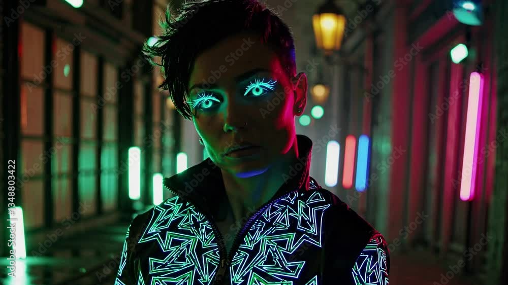 A close-up of a person with glowing blue eyes and a neon-lit jacket, standing in a vibrant, high-tech urban setting, creating a cyberpunk, futuristic atmosphere. A close-up of a person with glowing blue eyes and a neon-lit jacket, standing in a vibrant, high-tech urban setting, creating a cyberpunk, futuristic atmosphere.