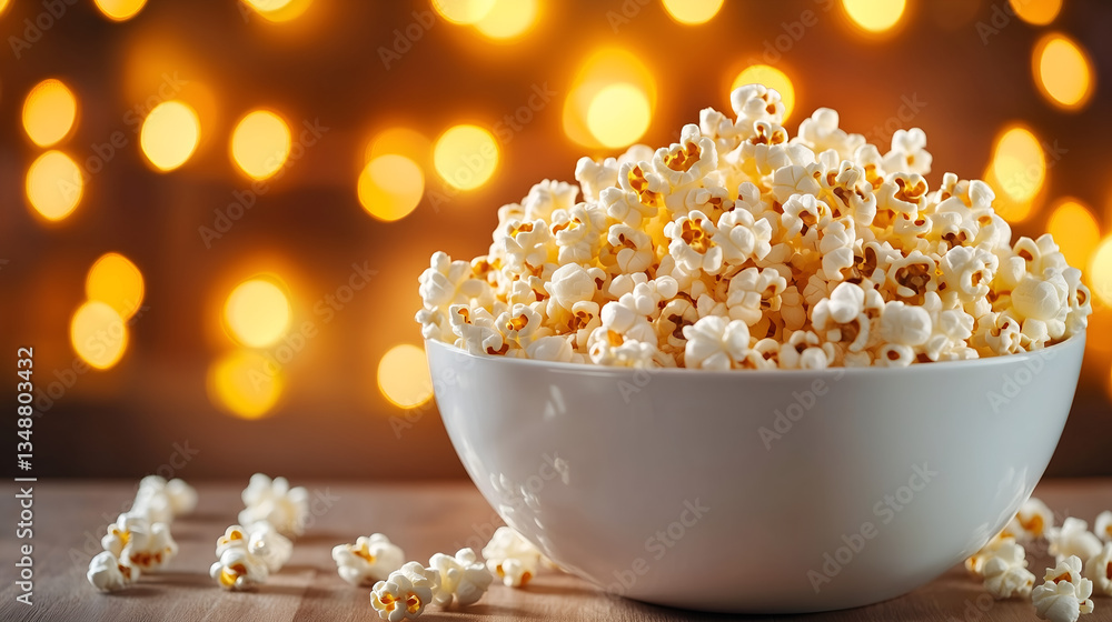 Warm and Cozy Bowl of Popcorn with Bokeh Lights