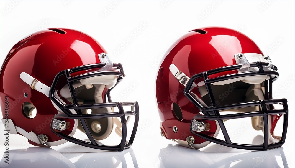 Fototapeta premium Set of red american football helmets isolated on white background. Generated image