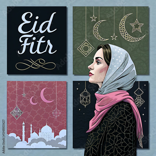Eid al Fitr mubarak background and Eid Mubarak Ramadan Banner Design with crescent moon, mosque and lanterns and colorful elements.