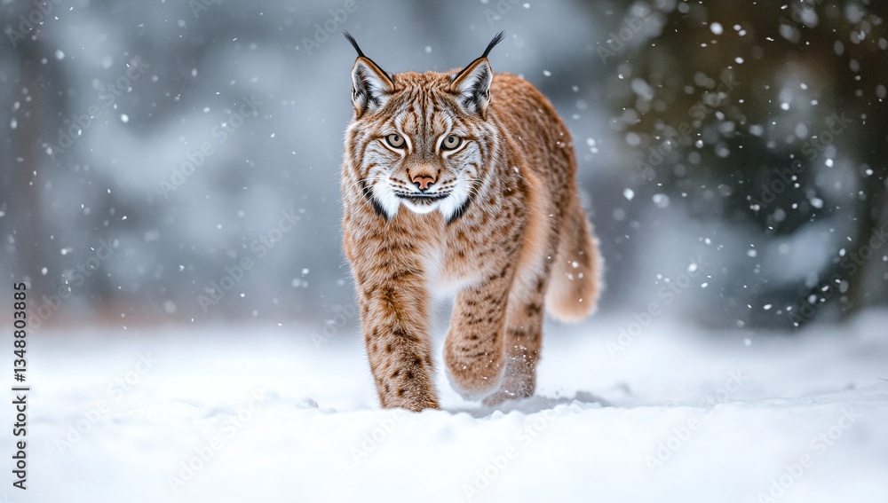 Obraz premium Majestic lynx gracefully walks through a snowy winter wonderland. Its piercing gaze and striking coat stand out against the soft, white backdrop.