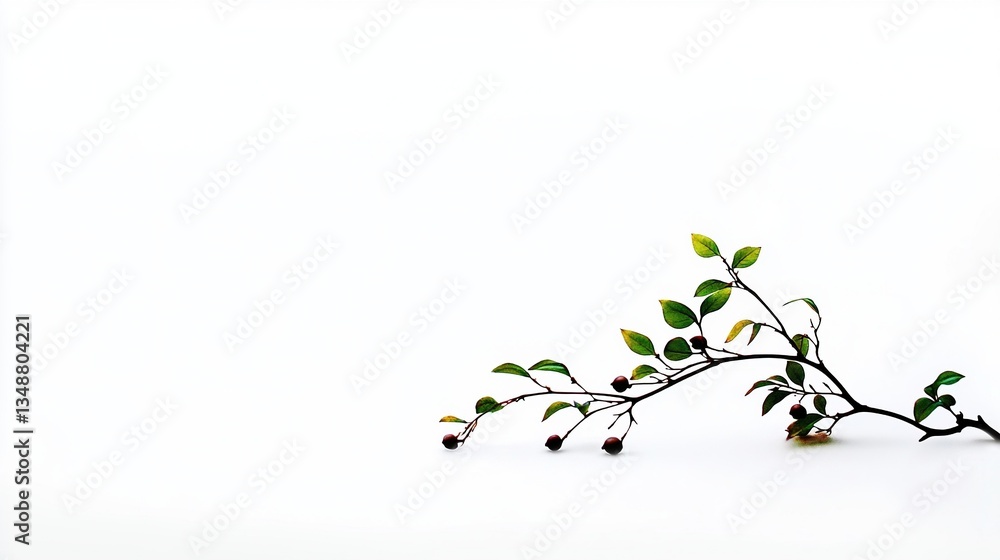 Delicate branch with berries and leaves rests on snow Delicate branch with berries and leaves rests on snow