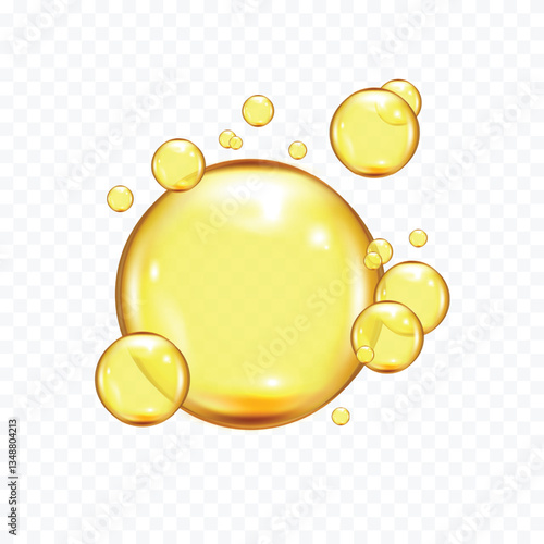 Golden, yellow oil drops, vitamins bubbles, gold collagen serum bubbles vector illustration on transparent background
