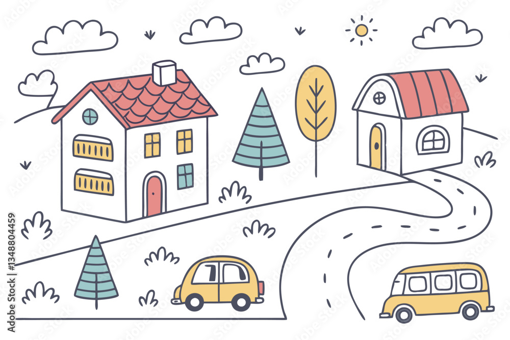 Fototapeta premium 46 Colorful hand-drawn city elements, simple doodle buildings, childlike urban sketches, cute houses with varied roofs, cartoon cars and buses, minimalist trees, cheerful town illustrations, primary c