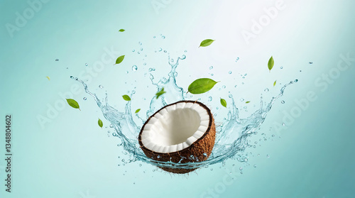 Mitad de coco cayendo en agua con salpicadura y hojas flotando © Iombi
