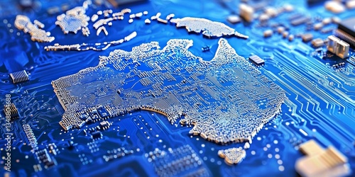 A creative blend of geography and technology with an Australia map in circuitry form.