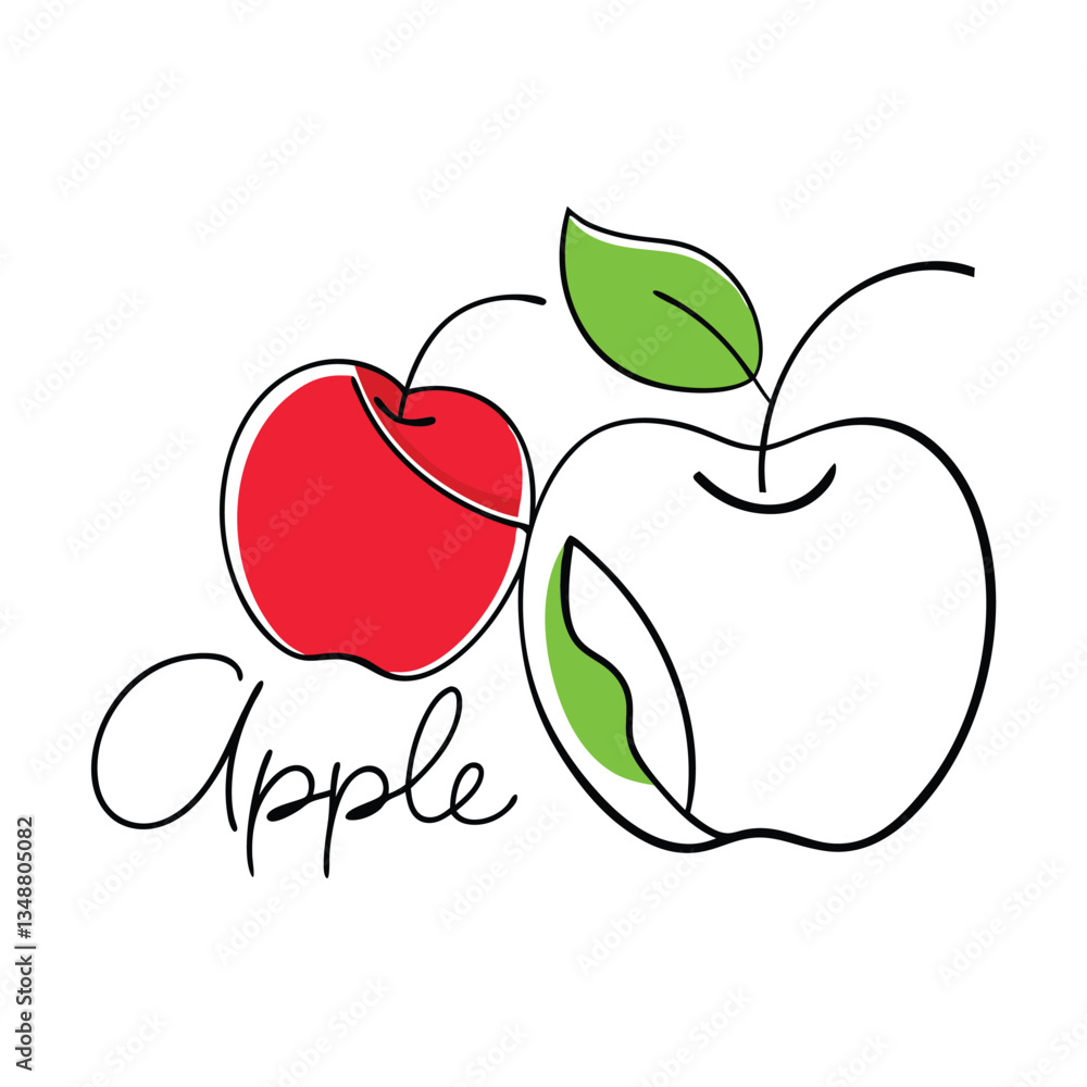 Fototapeta premium Apple Sketch with Leaves, Fruit Red and Outline on White Backdrop, Modern Design