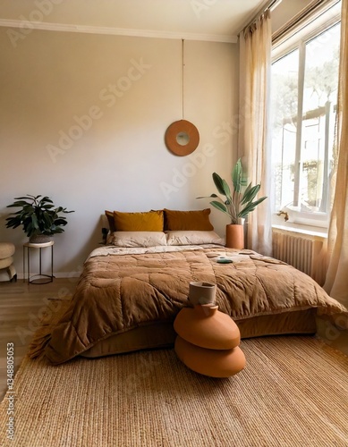 A minimalist bedroom styled with ceramic vases in warm taupe and olive green tones.