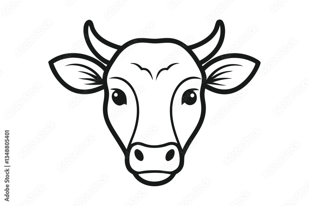 Black and White Cow Face Outline with Horns & Big Eyes Animal Head Black and White Cow Face Outline with Horns & Big Eyes Animal Head