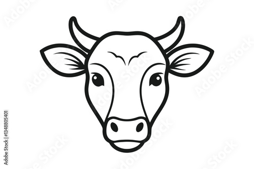 Black and White Cow Face Outline with Horns & Big Eyes Animal Head