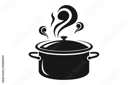 Black and White Covered Cooking Pot with Steam on Isolated Background
