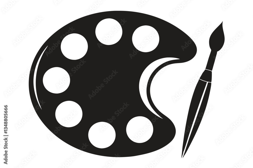 Black and White Palette with Brush, Monochrome Artistic Flat Design, Isolated Art Supplies Black and White Palette with Brush, Monochrome Artistic Flat Design, Isolated Art Supplies