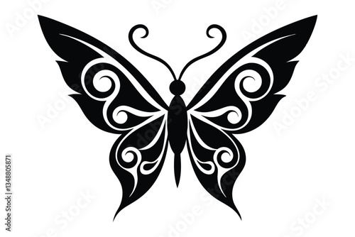 Black Butterfly Silhouette with Ornate Wing Details and Curled Antennae on White