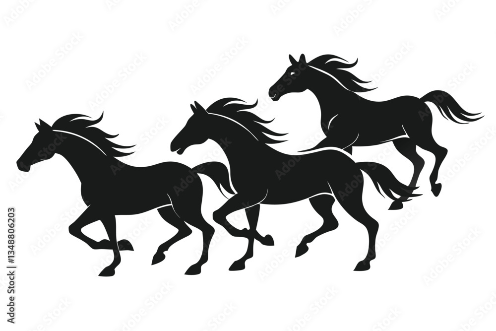 Black Horses Silhouette Wild Mustang Herd Galloping, Equestrian, Stallion, Mare Black Horses Silhouette Wild Mustang Herd Galloping, Equestrian, Stallion, Mare