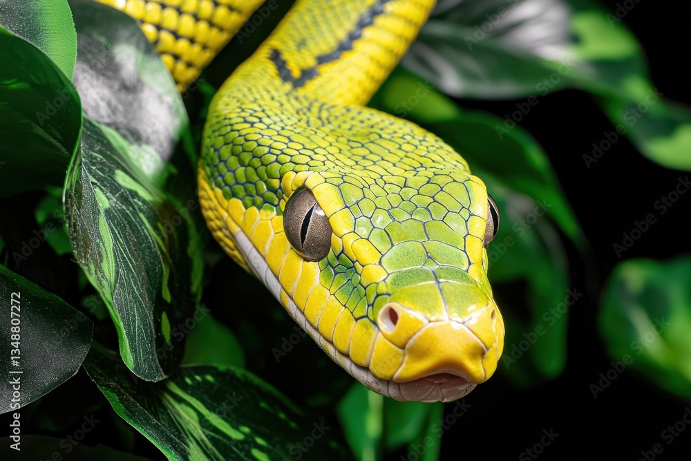 Fototapeta premium A close-up image of a vibrant green snake resting among lush, dark green leaves, showcasing its distinctive scales and striking features.