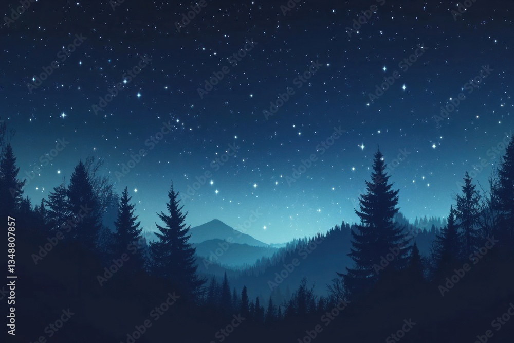Naklejka premium Starry night sky over forest illustration silhouette landscape.