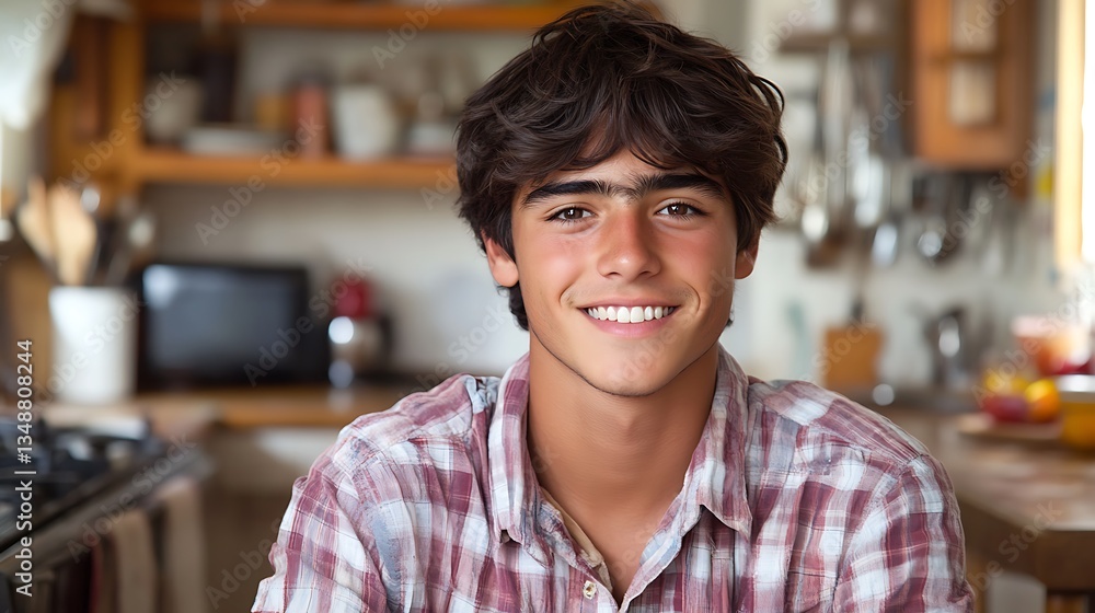 Happy teenage boy smiling in kitchen. Happy teenage boy smiling in kitchen.
