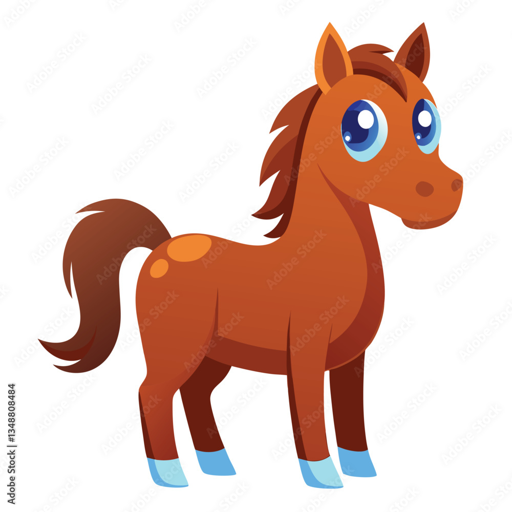 Cartoon Horse, Brown Fur, Blue Eyes, Upright Posture, Animal, Childlike, White Background Cartoon Horse, Brown Fur, Blue Eyes, Upright Posture, Animal, Childlike, White Background
