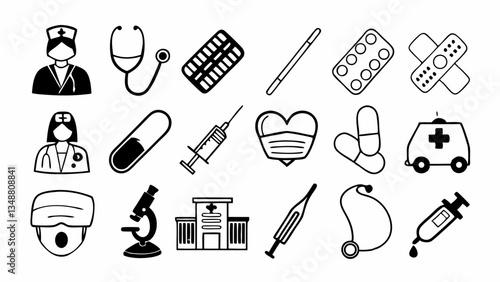 "Create a set of 25 medical and healthcare icons with clean white or light blue backgrounds, including stethoscope, syringe, pill bottle, heart monitor, ambulance, hospital building, doctor, patient b