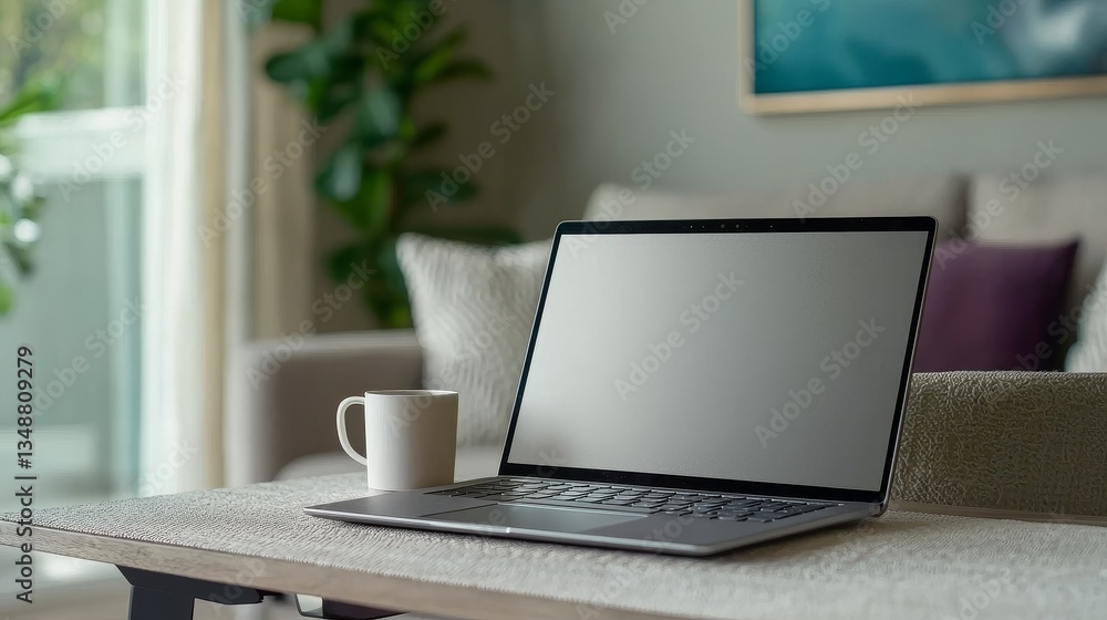 Business entrepreneurship with remote work concept. Workspace featuring a laptop on a table, accompanied by a coffee cup, in a cozy indoor setting with plants in the background. Business entrepreneurship with remote work concept. Workspace featuring a laptop on a table, accompanied by a coffee cup, in a cozy indoor setting with plants in the background.