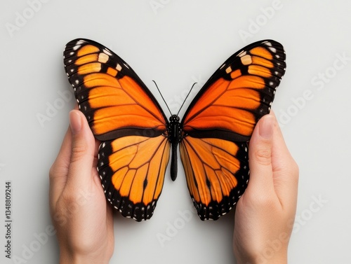 A vibrant butterfly resting on hands.