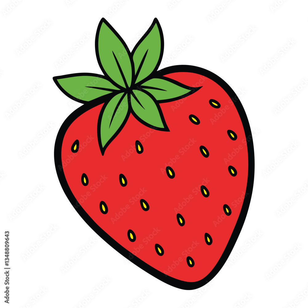 CartoonStyle Strawberry Red Fruit with Seeds and Green Leaves Detail CartoonStyle Strawberry Red Fruit with Seeds and Green Leaves Detail