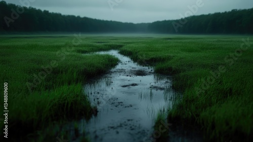 Misty marsh waterway. Lush green grass surrounds a tranquil waterway reflecting the overcast sky
