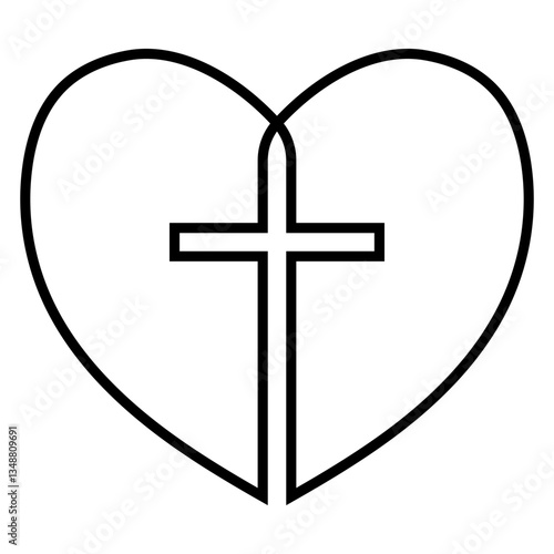 Simple black outline heart cross inside, representing faith, love spirituality