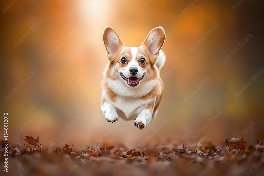 Joyful Dog Running Through Colorful Autumn Leaves in Forest Setting Joyful Dog Running Through Colorful Autumn Leaves in Forest Setting