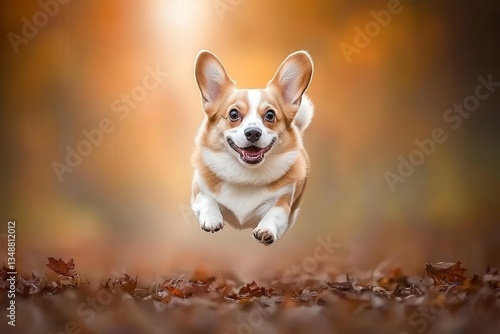 Joyful Dog Running Through Colorful Autumn Leaves in Forest Setting