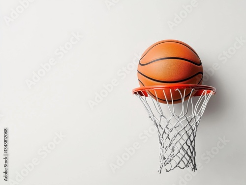 Basketball in hoop against a plain background.