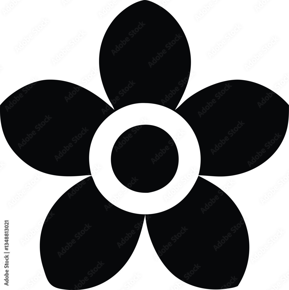 Five Petal Flower, Black Silhouette with Central White Circle on Isolated Background Five Petal Flower, Black Silhouette with Central White Circle on Isolated Background