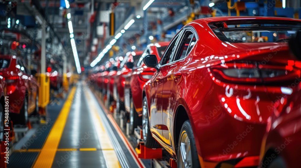 A row of red cars on the assembly line in an automotive factory, Robotic arms working on factory assembly line, manufacturing modern vehicles with automation A row of red cars on the assembly line in an automotive factory, Robotic arms working on factory assembly line, manufacturing modern vehicles with automation