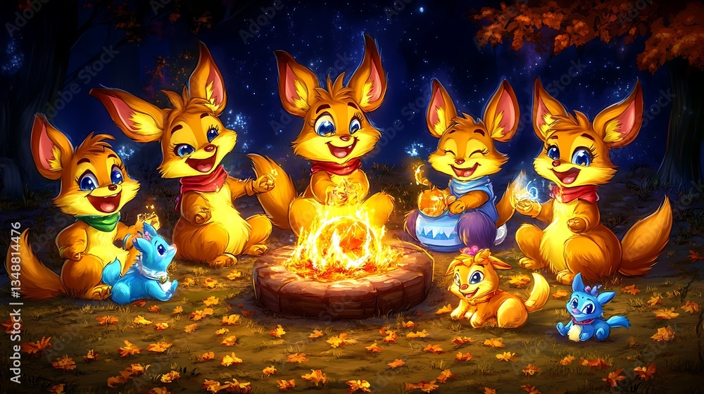 Naklejka premium A Group Of Cute Cartoon Animals Around A Campfire