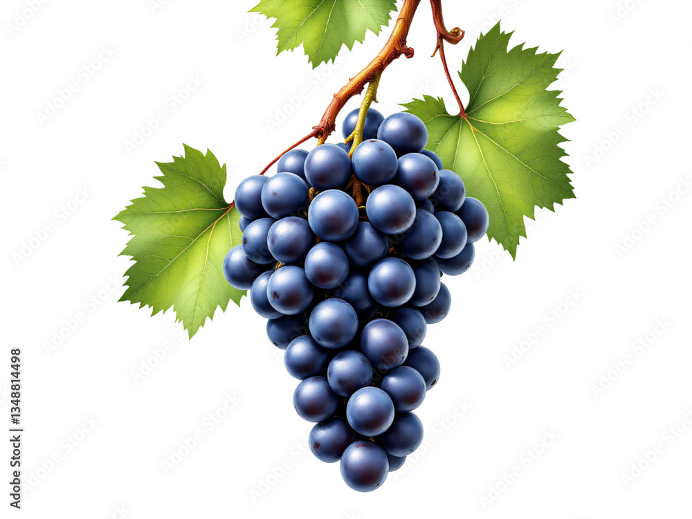 Obraz premium A high-quality, detailed illustration showcases a cluster of plump, dark-blue grapes hanging from a vine