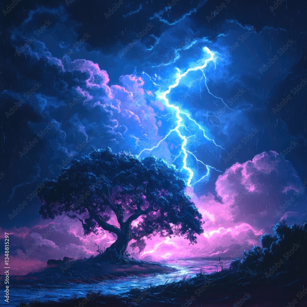 Lightining Bolt in Stormy Night Sky with Pink and Blue Clouds Lightining Bolt in Stormy Night Sky with Pink and Blue Clouds