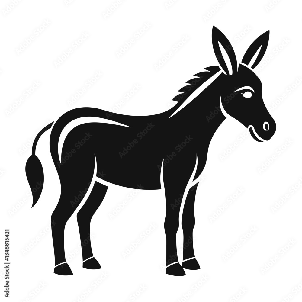 Isolated Donkey, Farm Animal Silhouette, Standing Profile, Black & White, Ungulate Isolated Donkey, Farm Animal Silhouette, Standing Profile, Black & White, Ungulate