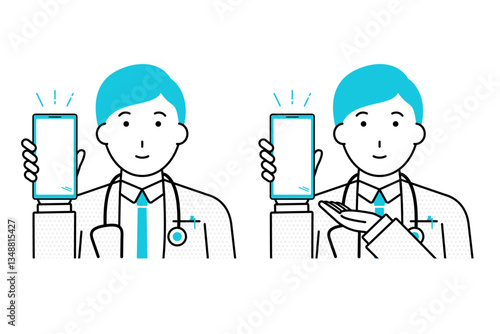 スマホの画面を見せる男性の医師のイラスト