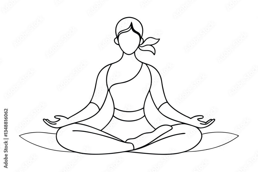 Line art Faceless woman in lotus position, seated on cushion, hair tied back, isolated Line art Faceless woman in lotus position, seated on cushion, hair tied back, isolated