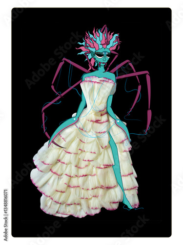 Tableau sur toile Spider woman with white and pink petal dress