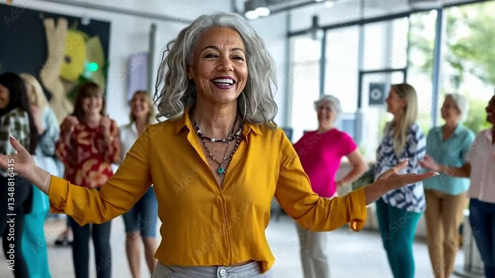 A vibrant dance class captures the joy of movement. A smiling woman in yellow inspires others with her energy. This photo celebrates connection and fitness. Ideal for wellness themes. AI A vibrant dance class captures the joy of movement. A smiling woman in yellow inspires others with her energy. This photo celebrates connection and fitness. Ideal for wellness themes. AI
