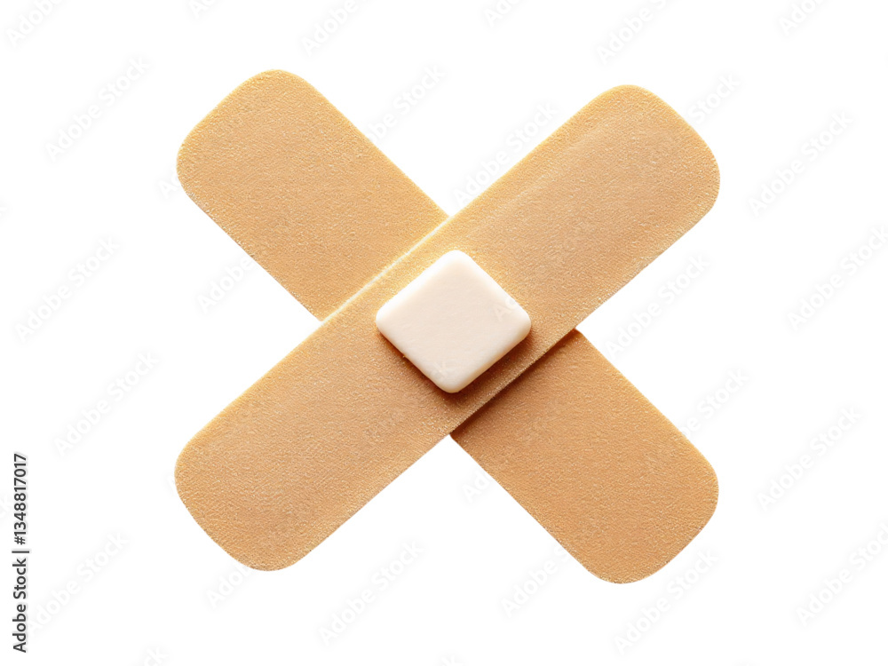 A high-quality close-up image of two beige adhesive bandages crossed over each other, with a small white adhesive backing A high-quality close-up image of two beige adhesive bandages crossed over each other, with a small white adhesive backing