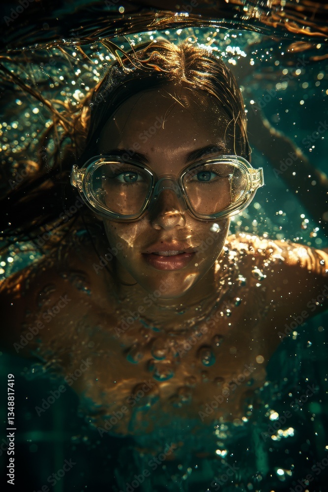 Fototapeta premium Female Swimmer Underwater: A female swimmer, wearing goggles, swimming underwater. Air bubbles rising around her. 