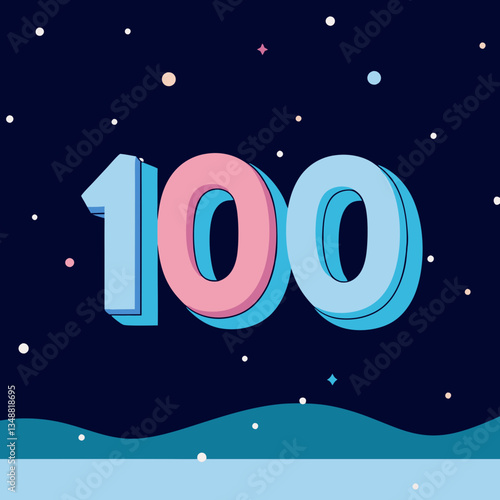 Colorful 100 celebration in starry night sky with abstract shapes