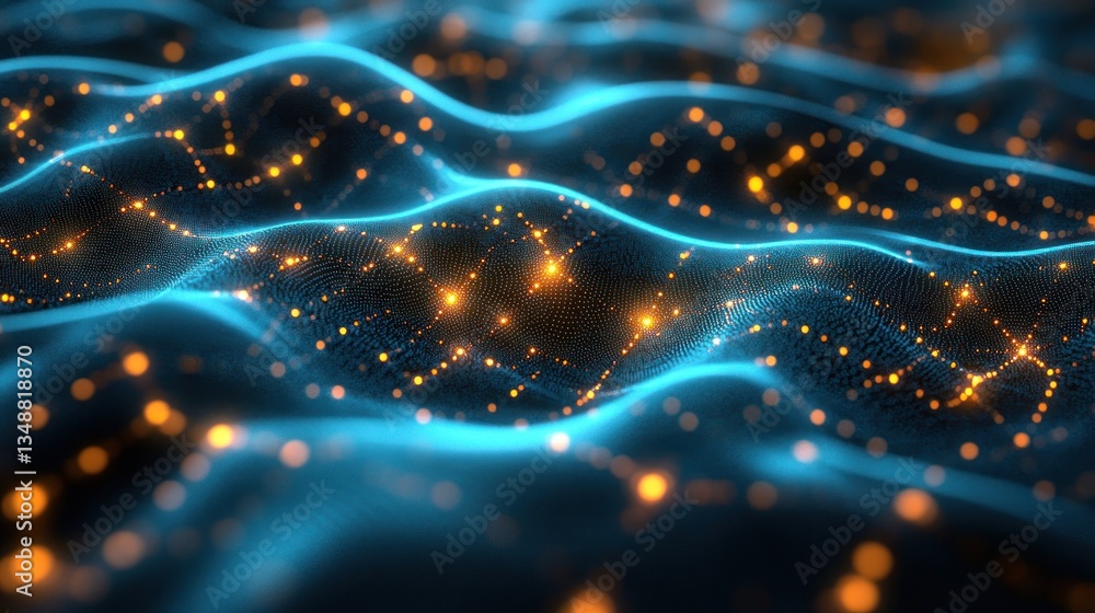 Abstract digital waves with glowing particles, dark background Abstract digital waves with glowing particles, dark background
