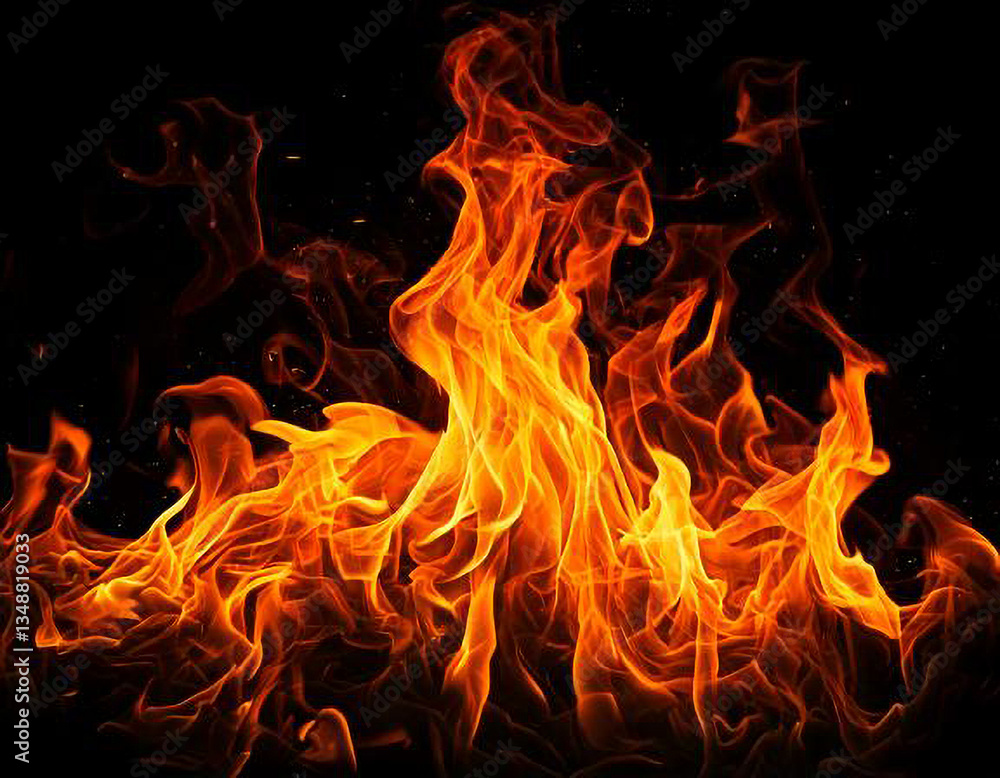 Fototapeta premium collection abstract flame isolated black background. concept of effect texture ablaze, graphic design bonfire, blaze at night. burn of fire sizzling, danger explosion